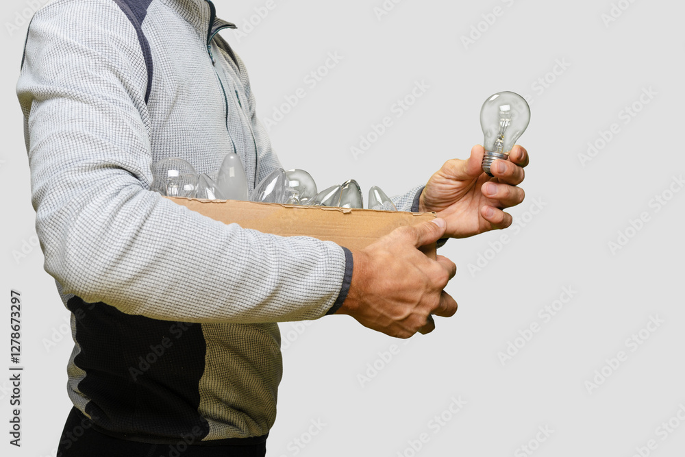 Closeup of male electrician holding box with energy saving light bulb, Man holding an incandescent light bulb, emphasizing saving, recycling, and replacement for energy efficiency Closeup of male electrician holding box with energy saving light bulb, Man holding an incandescent light bulb, emphasizing saving, recycling, and replacement for energy efficiency