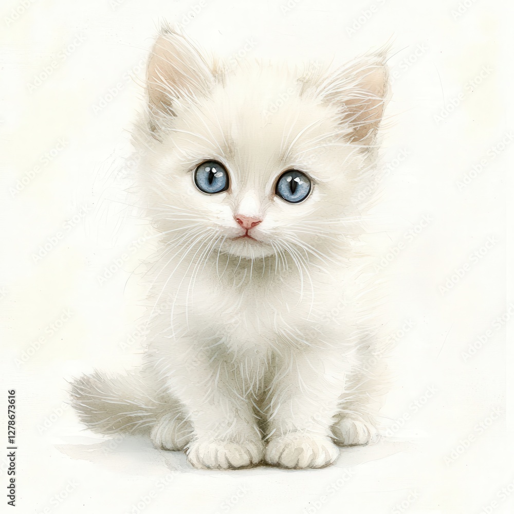 Cute fluffy white kitten with large blue eyes sitting on a light background Cute fluffy white kitten with large blue eyes sitting on a light background