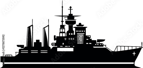 Minimalist Black Warship Silhouette Vector Illustration | Simple Naval Vessel Icon for Military, Battleship, Maritime Defense, and Ocean Warfare Design Elements