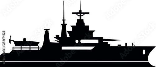 Minimalist Black Warship Silhouette Vector Illustration | Simple Naval Vessel Icon for Military, Battleship, Maritime Defense, and Ocean Warfare Design Elements