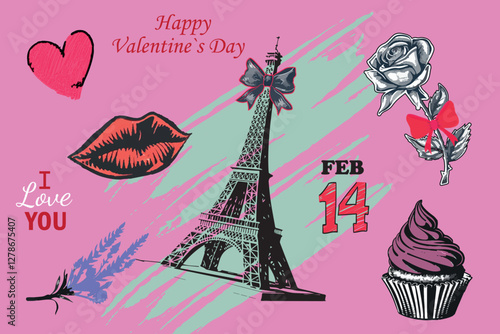 Valentines Day halftone collage featuring the Eiffel Tower, hearts, roses, cupcakes, and romantic symbols on a pink background. Trendy vintage collage vector illustration