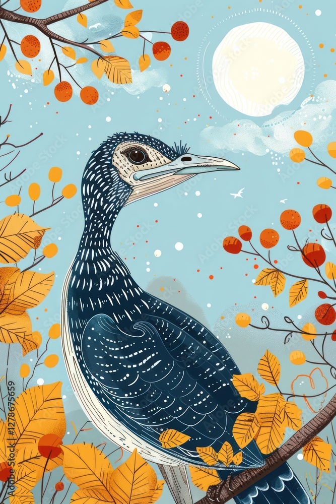 Fototapeta premium A stylized illustration of a bird surrounded by autumn leaves and a bright moon.