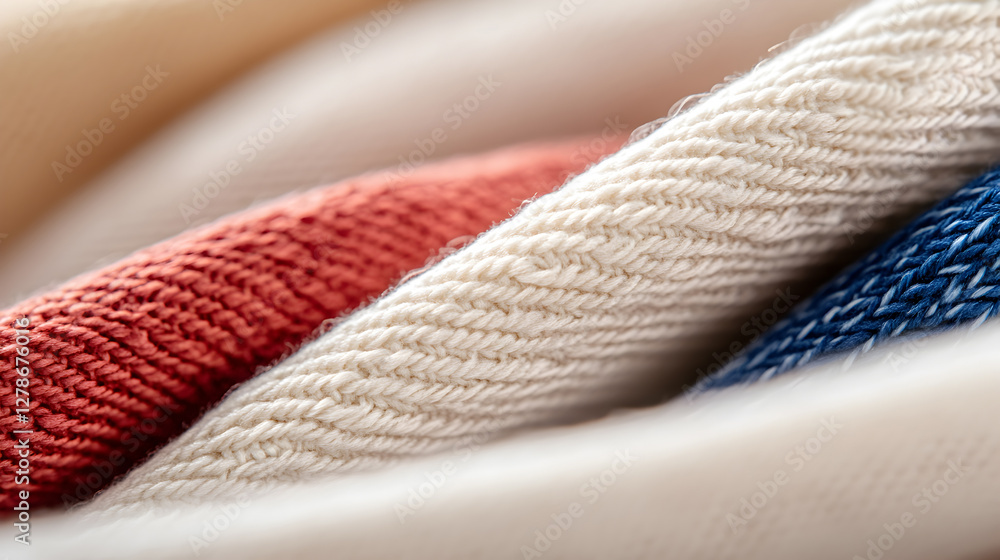 Cozy knitted fabric in beige, red, and navy blue. The fine yarn texture makes it perfect for winter clothing branding, textile industry visuals, and home decor concepts. Selective focus