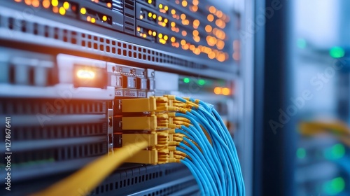 Network Server with Fiber Optic Cables Close Up
