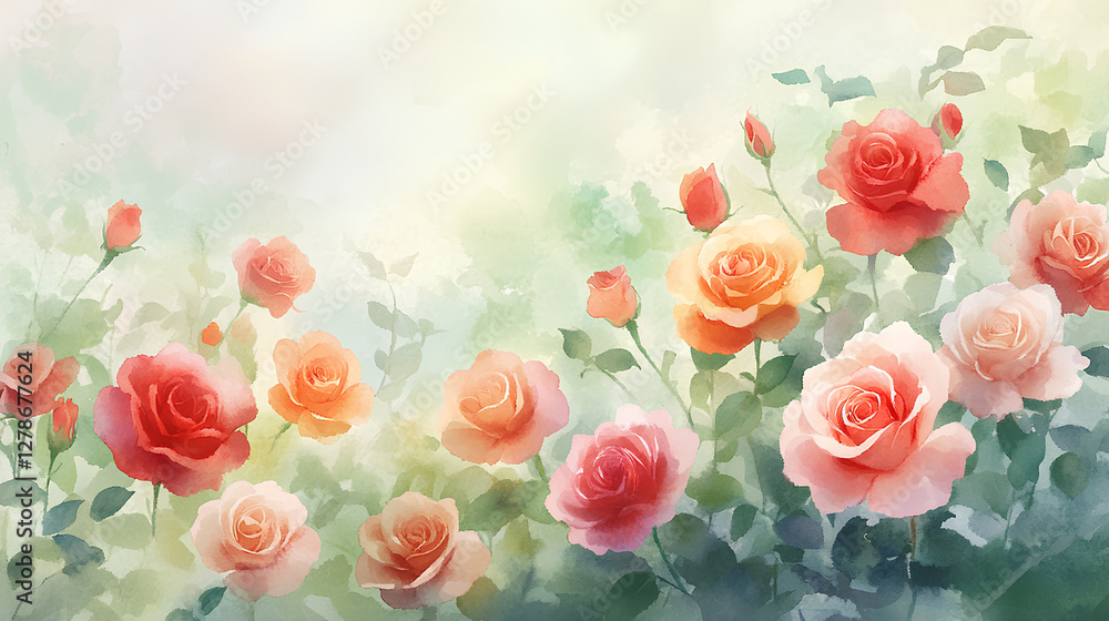 Fototapeta premium Watercolor illustration of a vibrant rose garden with blooming red and pink roses surrounded by lush green leaves and a soft dreamy background 
