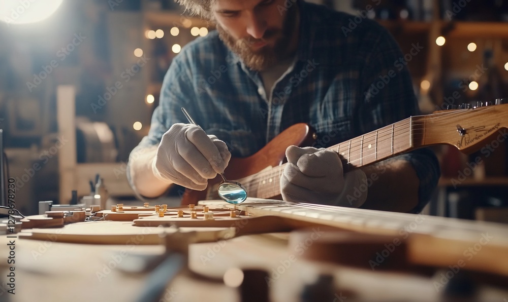 Luthier repairing guitar in workshop Luthier repairing guitar in workshop