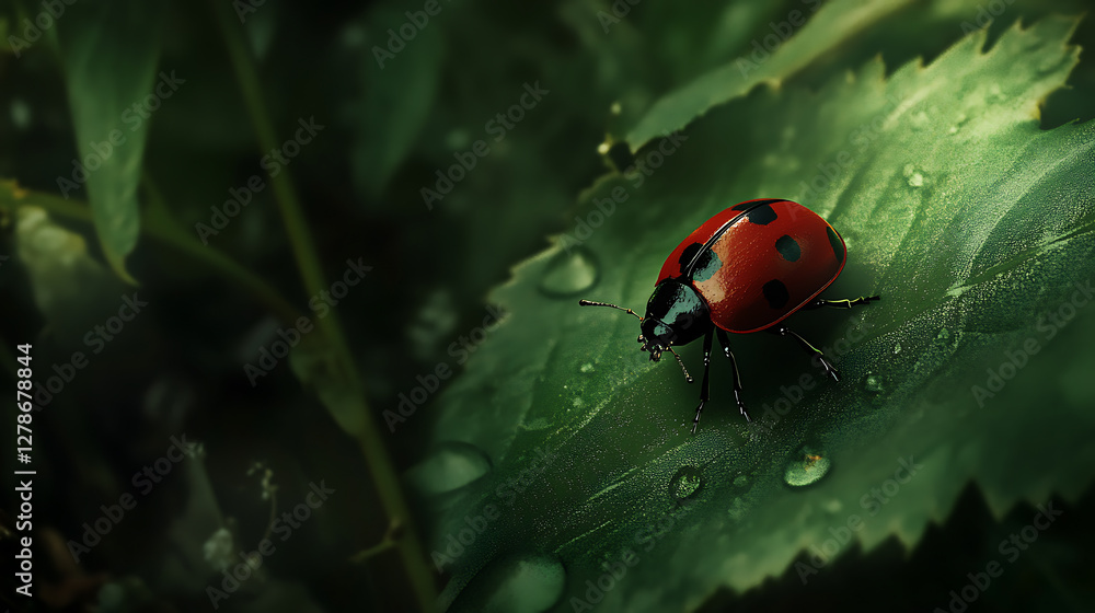 Fototapeta premium Ladybug crawling on a green leaf, vibrant colors. 