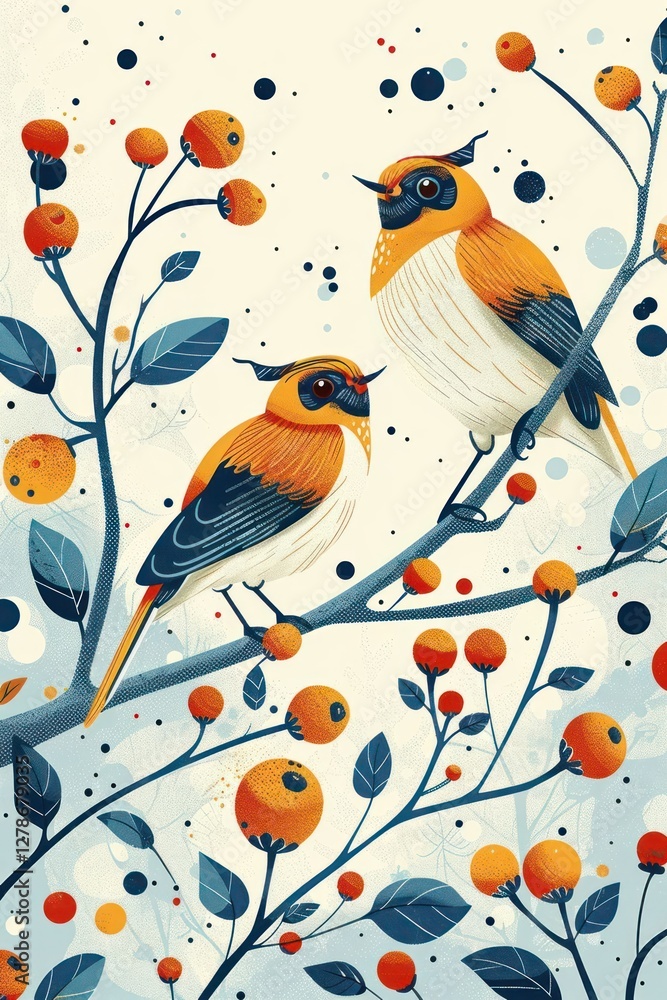 Two stylized birds perched on a branch with colorful berries and abstract shapes. Two stylized birds perched on a branch with colorful berries and abstract shapes.