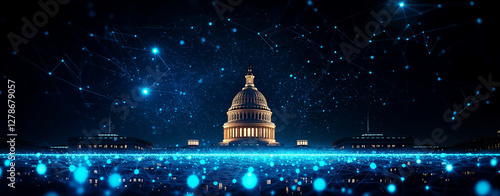 Digital technology and information exchange illuminate Capitol building at night, showcasing network of connections and data flow