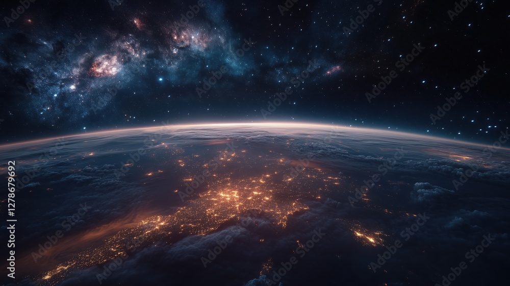 Obraz premium Vast view of Earth illuminated by city lights under a starry sky captured from space, highlighting the beauty of our planet from above