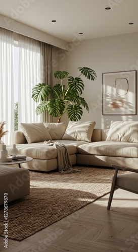 Modern Living Room Interior Design with Couch, Plant, and Natural Light