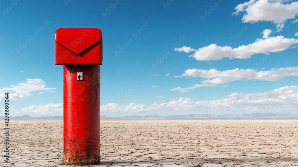 Red Mailbox in a Desert Landscape Under a Blue Sky Red Mailbox in a Desert Landscape Under a Blue Sky