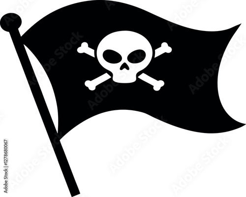Minimalist Black Pirate Flag Silhouette Vector Illustration | Simple Skull and Crossbones Icon for Adventure, Piracy, and Maritime Design Elements