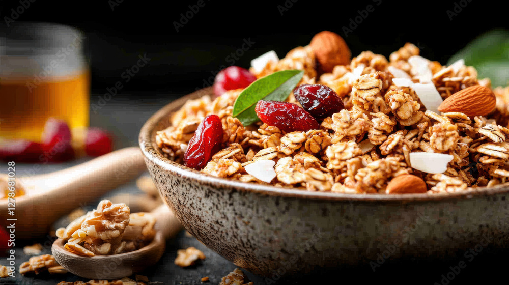 Granola of oatmeal, chopped almonds and walnuts and a little shredded coconut. AI generative. Granola of oatmeal, chopped almonds and walnuts and a little shredded coconut. AI generative.