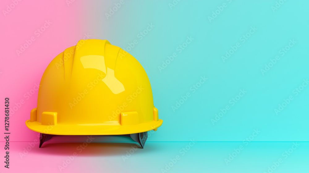 Fototapeta premium Yellow hard hat rests confidently against pastel background
