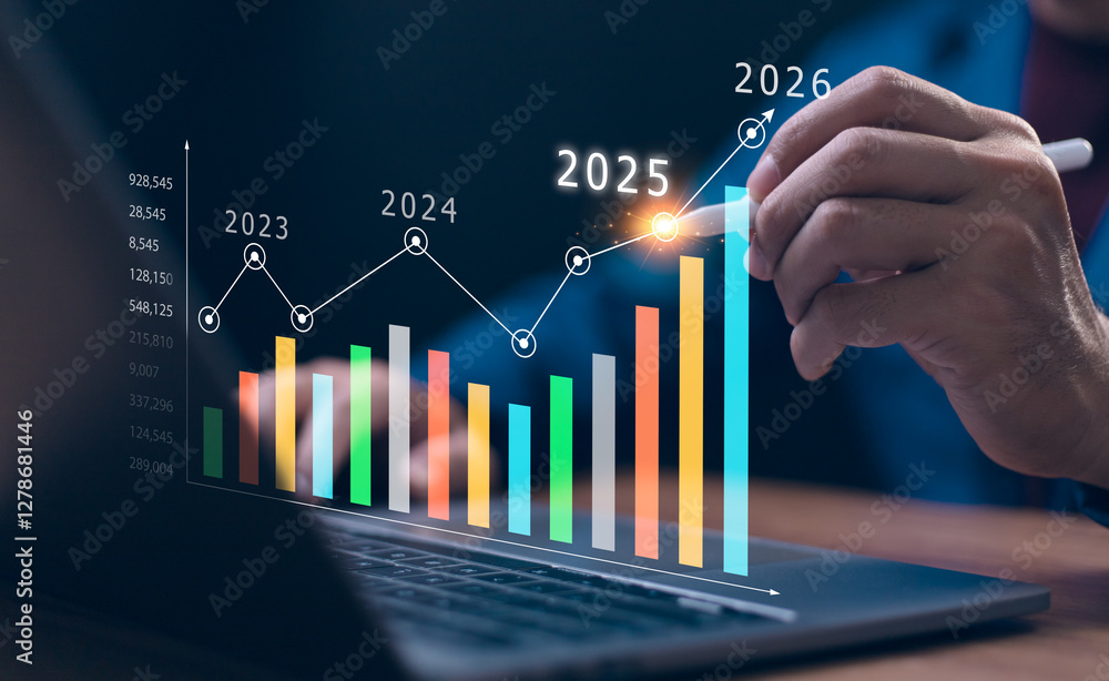 2024 to 2025 business financial plan market concept, performance of profit growth on 2024, education trend up finance on growth graph money revenue, Businessman analyzes profitability of working. 2024 to 2025 business financial plan market concept, performance of profit growth on 2024, education trend up finance on growth graph money revenue, Businessman analyzes profitability of working.