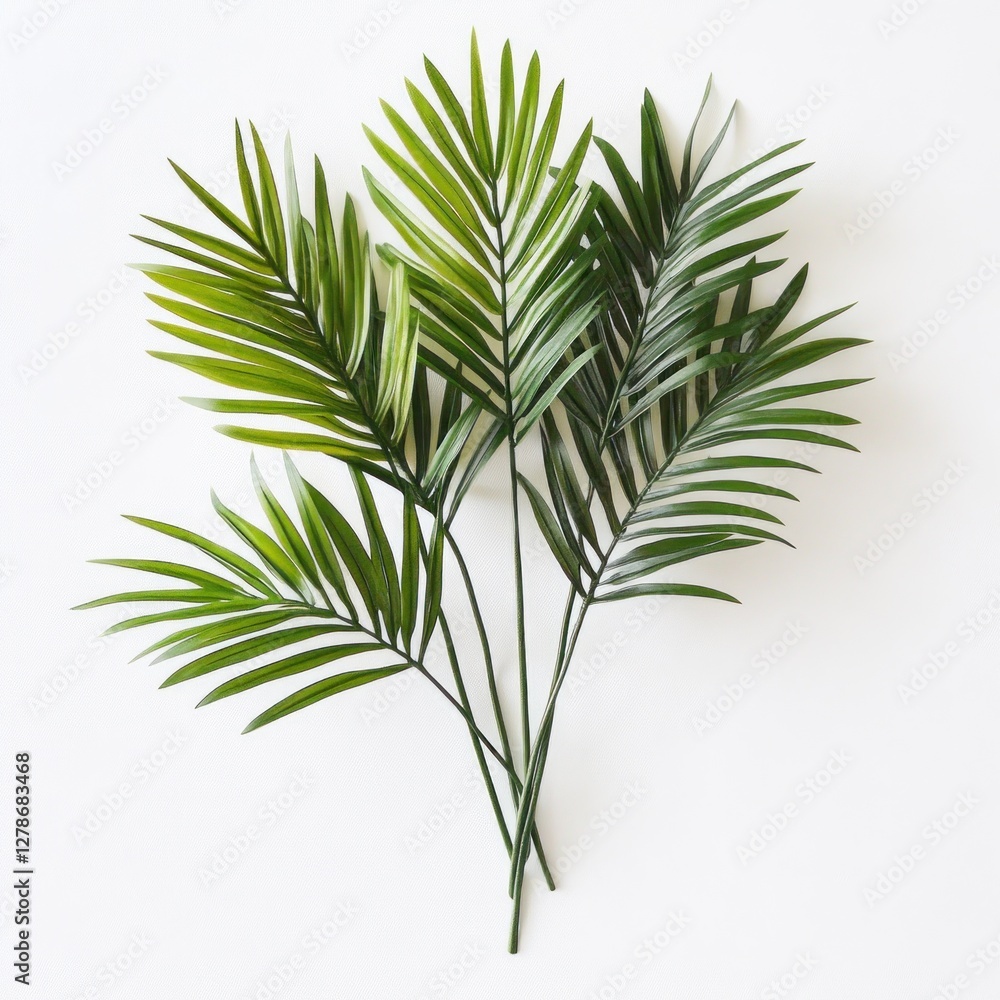 Fototapeta premium Artificial Palm Leaves, Flat Lay, Neutral Background, Decorative Plant, Home Decor