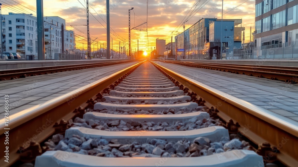 Fototapeta premium Sunset Over City Train Tracks Warm Light and Modern Architecture