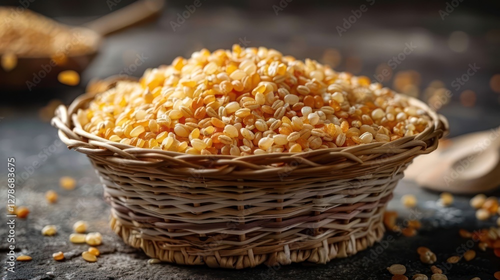 A basket filled with golden grains, showcasing natural food ingredients. A basket filled with golden grains, showcasing natural food ingredients.