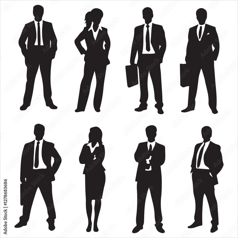 set of vector men and a women, a group of standing business people silhouette, back view of walking people, group of people at work set of vector men and a women, a group of standing business people silhouette, back view of walking people, group of people at work