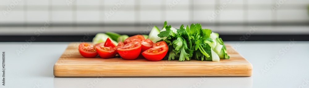 Fresh tomatoes and greens neatly arranged on a wooden cutting board, showcasing vibrant colors and healthy ingredients in a modern kitchen setting. Fresh tomatoes and greens neatly arranged on a wooden cutting board, showcasing vibrant colors and healthy ingredients in a modern kitchen setting.