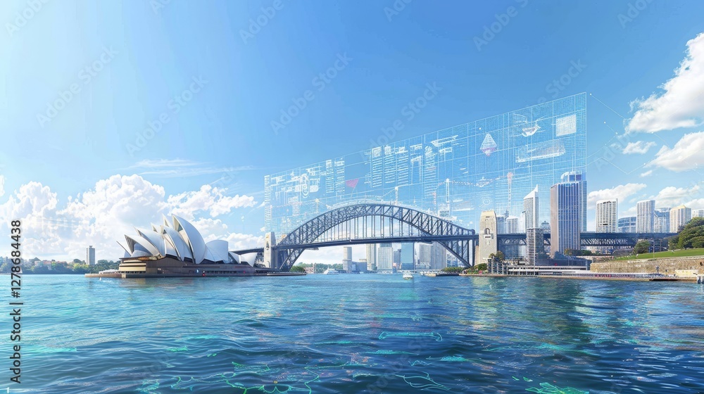 Naklejka premium Sydney harbour bridge in smart city concept integrating digital networks and infrastructure