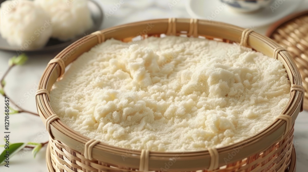 A bamboo basket filled with soft, fluffy rice or dough, likely for steaming. A bamboo basket filled with soft, fluffy rice or dough, likely for steaming.