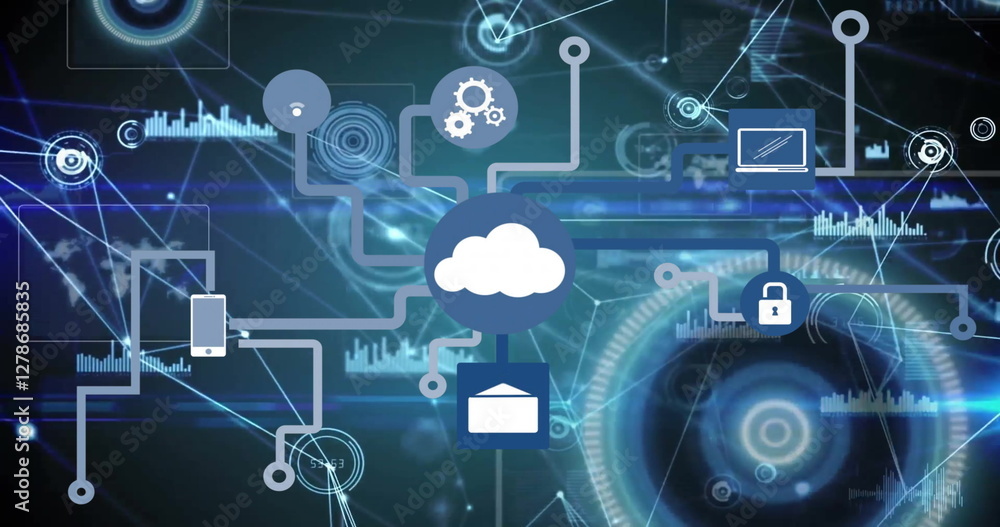 Image of cloud and icons over network of connections on dark background Image of cloud and icons over network of connections on dark background