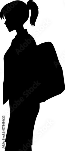 Vector illustration featuring a black silhouette of an elegant business woman carrying a bag. This minimalist design is suitable for professional themes, or promotional materials.