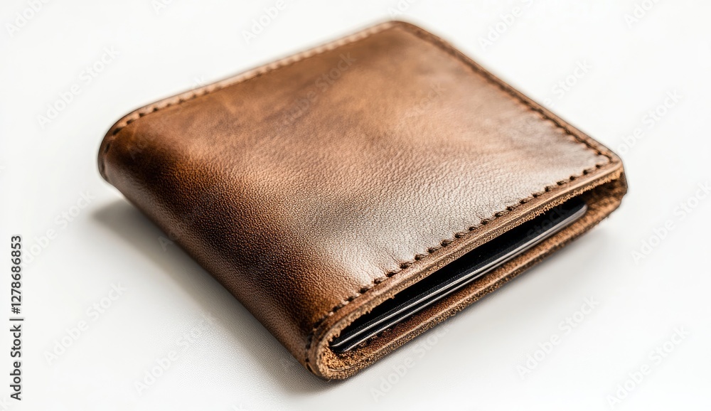 Brown leather wallet on white background, displaying details and texture Brown leather wallet on white background, displaying details and texture