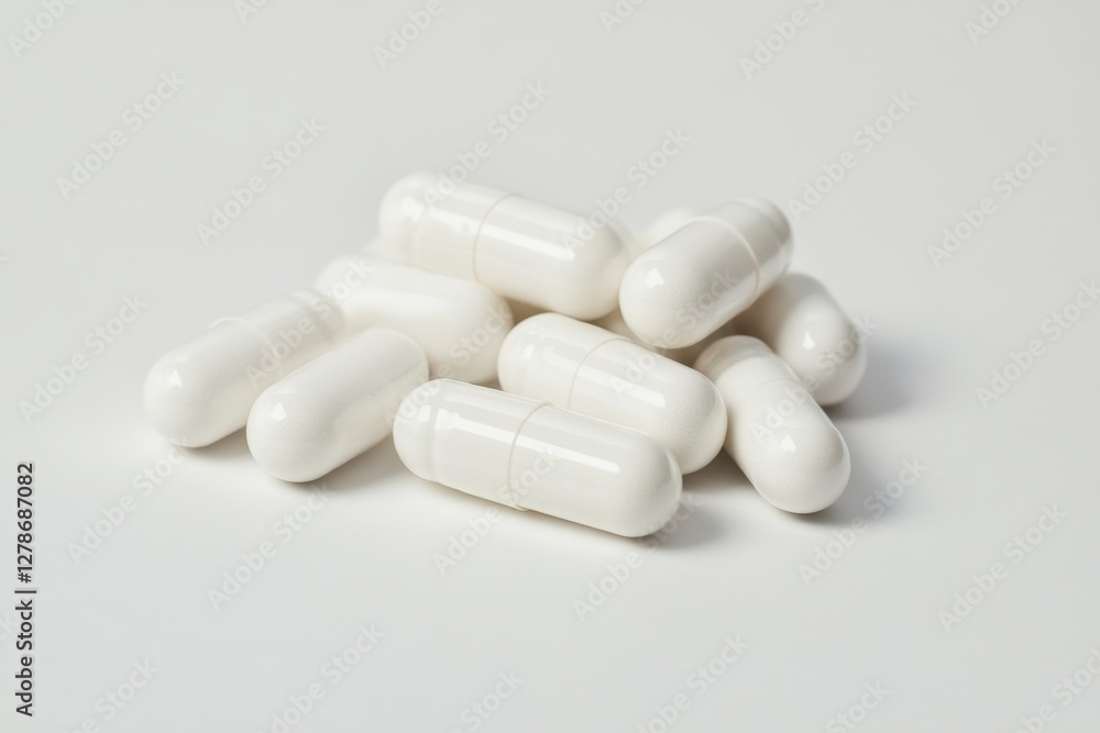 Pile of white capsules on a stark white background Pile of white capsules on a stark white background
