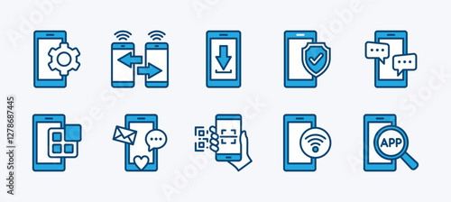 Set of application on mobile phone icon. Containing searching app on smartphone, settings, share connection, download, protection, message, social media, scan barcode, wi-fi. Vector illustration