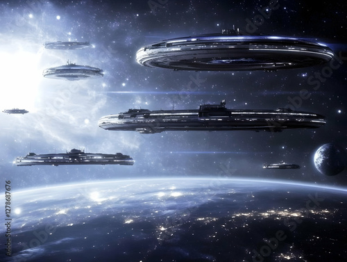 Wallpaper Mural Alien Spaceships over Earth Illustration Torontodigital.ca