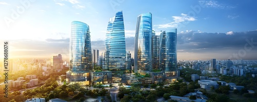 A futuristic perspective of Bangalore's modern cityscape, with glass buildings and smart city technology visible across the skyline