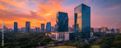 A shot of the Bangalore business district at sunset, with the sky reflecting warm orange and pink hues against the modern buildings of the city