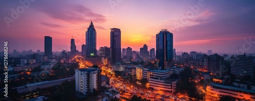 A vibrant, early morning shot of Bangalore's business district, with the rising sun casting a warm glow over the sleek office towers and busy roads