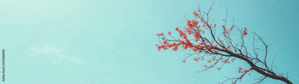 Bare branches with red blossoms against a pale sky Bare branches with red blossoms against a pale sky