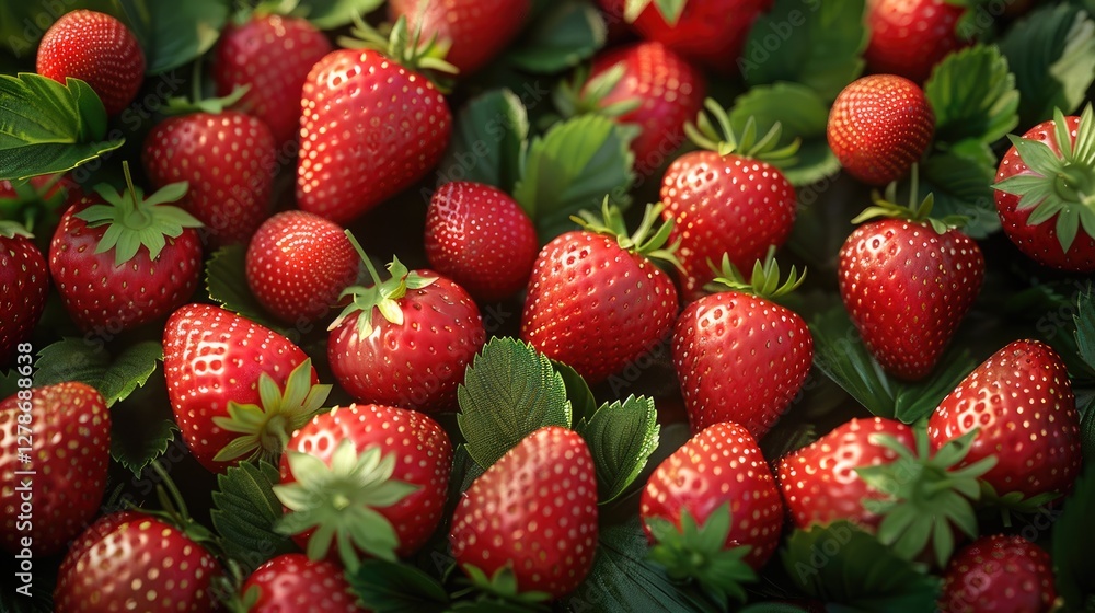 A Cluster Of Ripe Red Strawberries Amidst Lush Green Foliage A Cluster Of Ripe Red Strawberries Amidst Lush Green Foliage