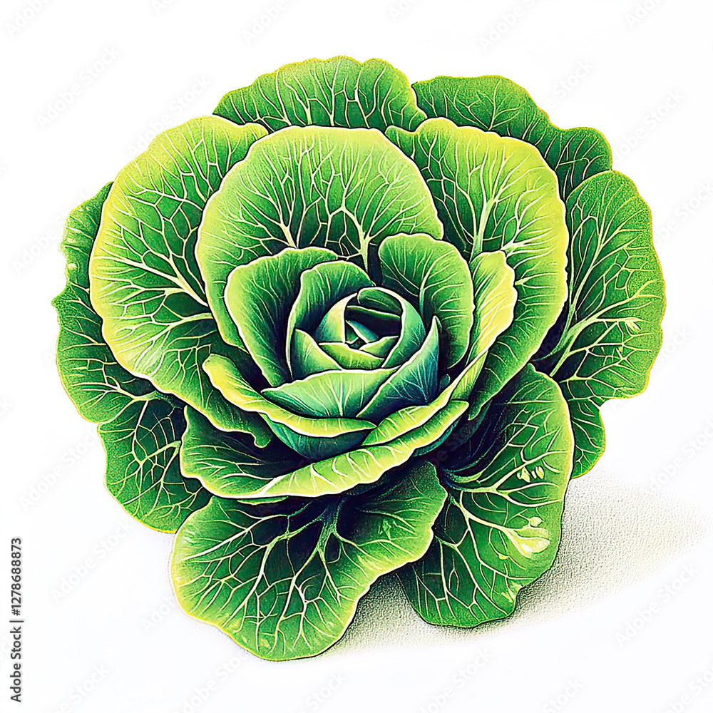 Obraz premium Realistic food drawing includes fast food and fruits, illustrated with sketches and colored pencils. Fresh Green Cabbage with Vibrant Leaves in Natural Light