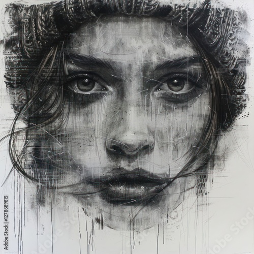 Wallpaper Mural A striking monochrome portrait of a young woman wearing a knit beanie, showcasing intense expression. Torontodigital.ca