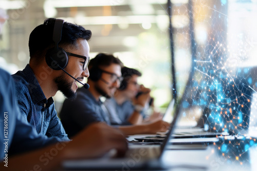 Happy call center staff working . AI generative.