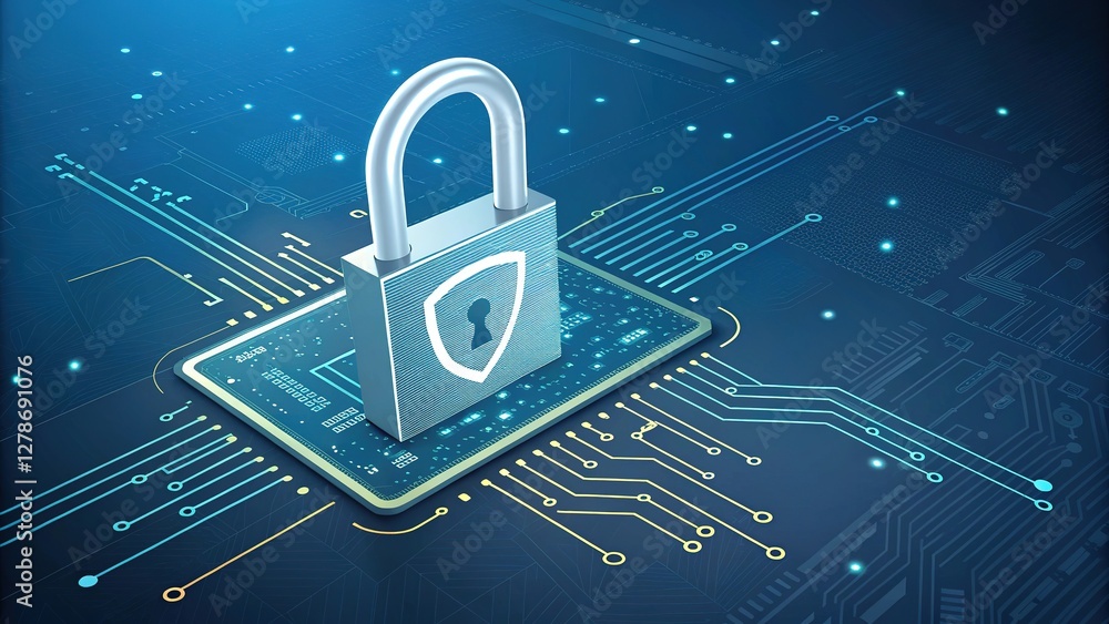 Cybersecurity and Data Protection Padlock on Circuit Board Website banner Template. Cybersecurity and Data Protection Padlock on Circuit Board Website banner Template.