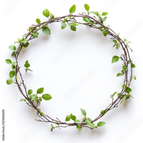 Round wreath of green leaves and twigs on white background.  Suitable for nature, spring, or floral design projects photo