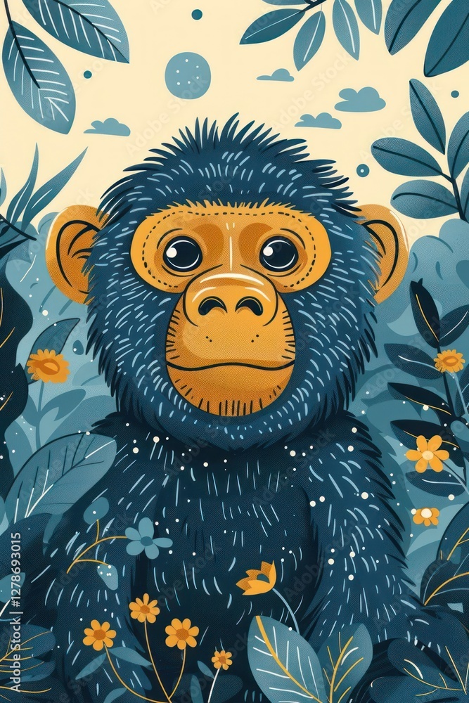 Fototapeta premium A whimsical illustration of a monkey surrounded by vibrant foliage and flowers.