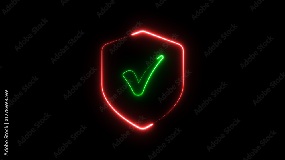Glowing neon light Shield icon and check mark icon isolated on black background Glowing neon light Shield icon and check mark icon isolated on black background
