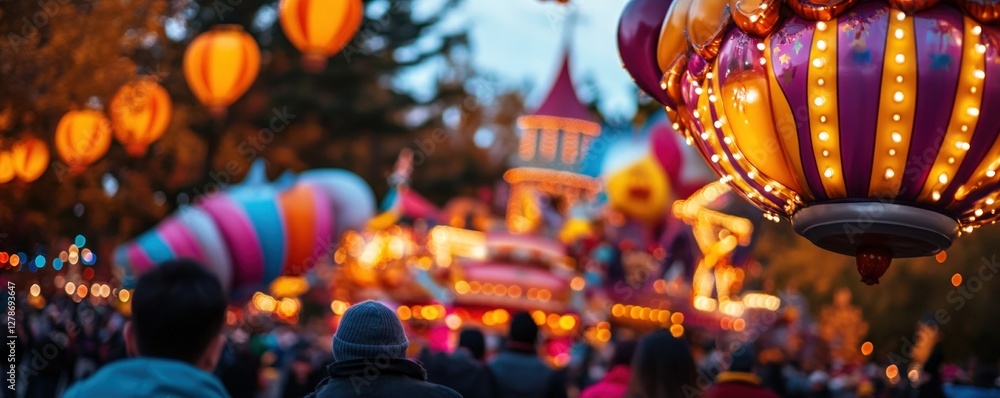 Naklejka premium Amusement park night, crowd enjoying illuminated rides, festive atmosphere