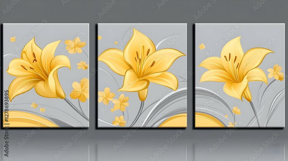Naklejka premium Elegant Yellow Lily Triptych Illustration