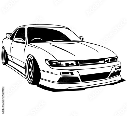 Black and white vector illustration of a sports car with an aggressive wide-body kit, aerodynamic design, and custom wheels. Perfect for automotive enthusiasts, tuning projects, racing themes