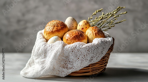 Ukrainian easter celebration with kulich and painted eggs in wicker basket photo