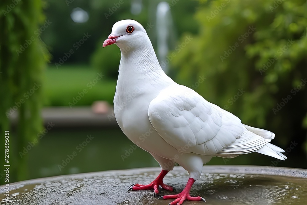 Beautiful White Dove Perched on a Garden Bird Bath